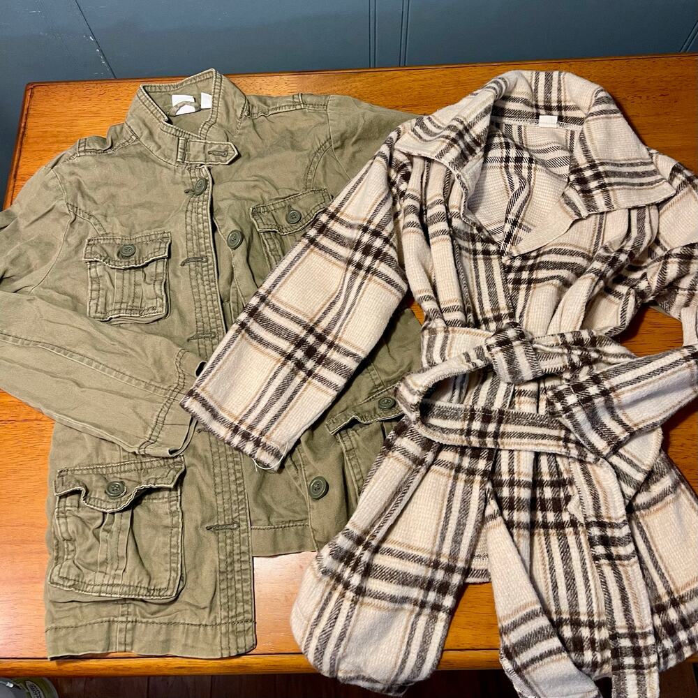 Vintage Girls 7/8 Fall Bundle Olive Military Cargo Jacket Plaid Belted Peacoat